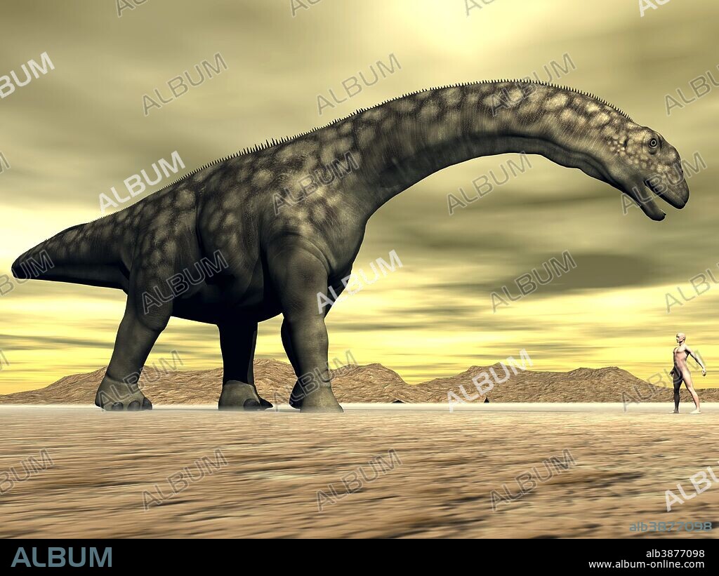 Large Argentinosaurus dinosaur face to face with a human in the desert.