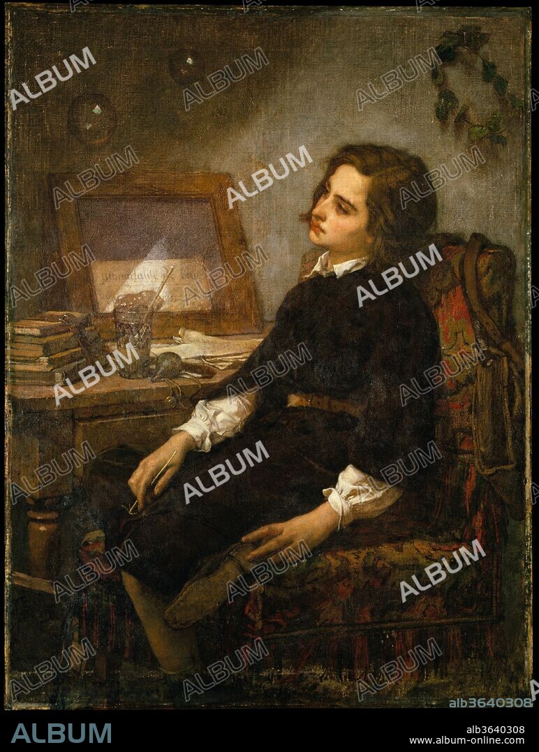 Soap Bubbles. Artist: Thomas Couture (French, Senlis 1815-1879 Villiers-le-Bel). Dimensions: 51 1/2 x 38 5/8 in. (130.8 x 98.1 cm). Date: ca. 1859.
A schoolboy, identifiable by the books on the desk, contemplates soap bubbles, traditional symbols of the transience of life. A wilting laurel wreath on the wall behind him suggests the fleeting nature of praise and honors. The word "immortalité," inscribed on the paper inserted in the mirror, reinforces the painting's allegorical content.
Couture was an influential teacher known for his opposition to strict academic instruction. Among his pupils was Manet, who in 1867 painted his own, more naturalistic, version of this subject (Museu Calouste Gulbenkian, Lisbon).