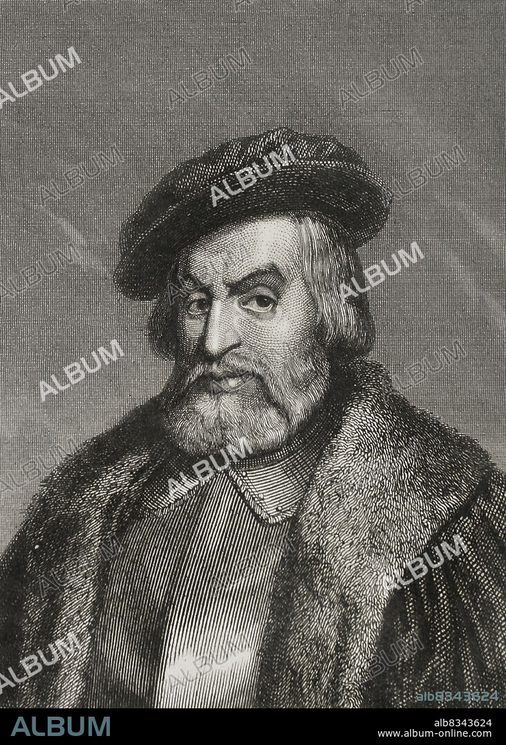 CHARLES GEOFFROY (1819-1882). FRENCH ENGRAVER.. Hernán Cortés (1485-1547). Conquistador español que inició la expedición de la conquista de México. Retrato. Grabado por Geoffroy. Historia Universal, por César Cantú. Tomo IV, 1856.