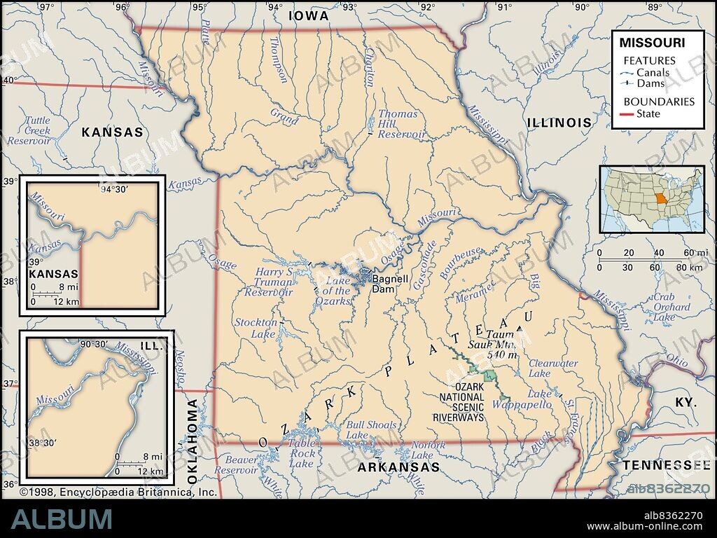 Physical map of Missouri.
