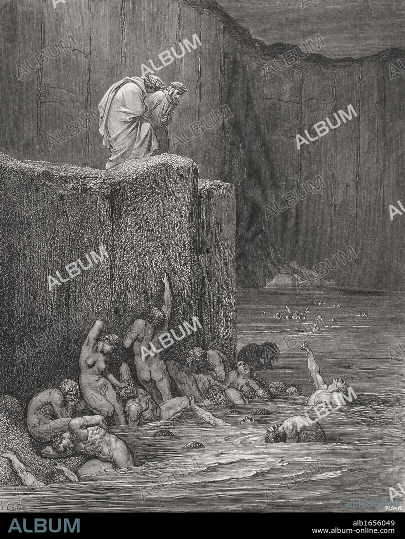 Illustration for Inferno by Dante Alighieri Canto XVIII lines 116 and 117 by Gustave Dore 1832-1883 French artist and illustrator.