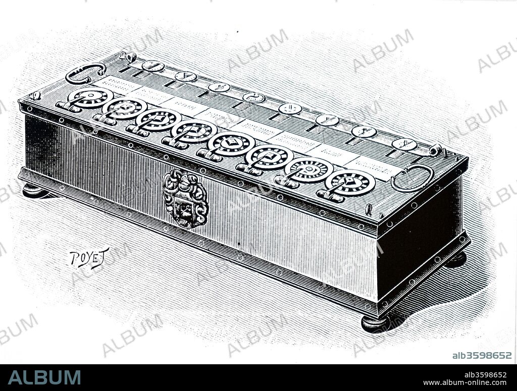 Engraving depicting an adding machine designed by Blaise Pascal. Blaise Pascal (1623-1662) a French mathematician, physicist, inventor, writer and Catholic theologian. Dated 20th century.
