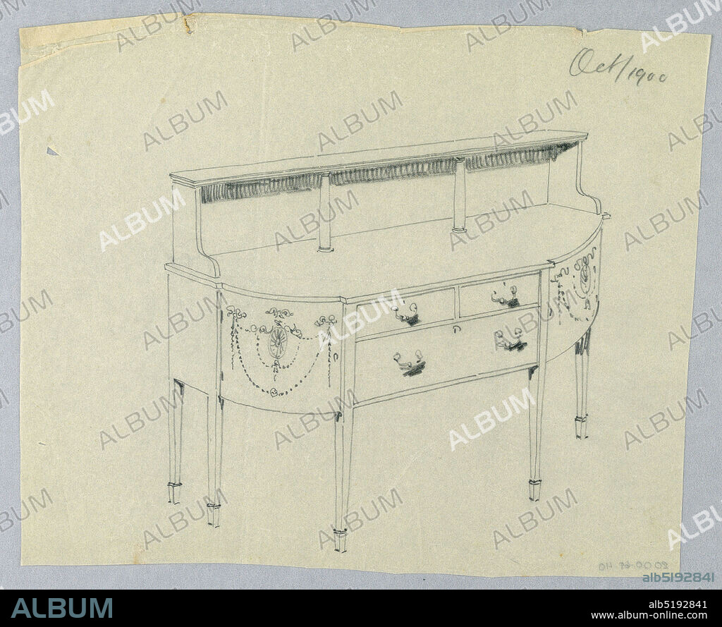 Design for Sideboard with Neo-Classical Ornament, A.N. Davenport Co., Graphite on cream tracing paper, Oblong sideboard with 6 straight tapering legs; flat front has three drawers arranged in two rows; neo-classical motifs of patera medallions, floral garlands, and tied ribbons decorate front corners; raised backsplash and 2 small columns with volutes support top shelf., October 1900, furniture, Drawing, Drawing.
