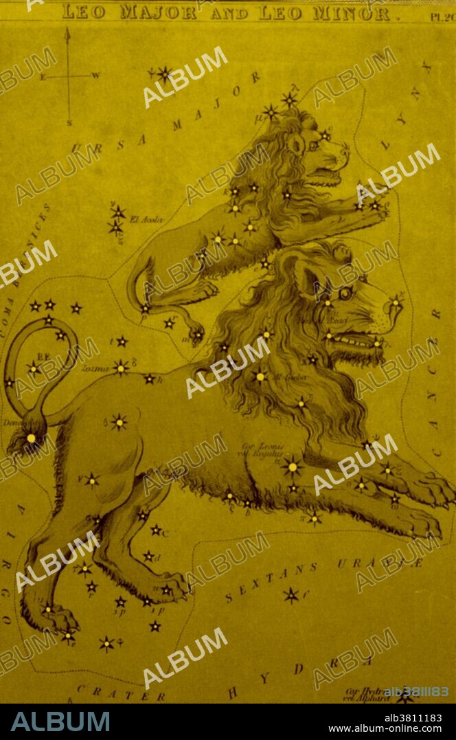 These 19th century French constellation cards show each individual star marked with a hole through which light shines. Astrologically, each zodiacal sign has its own properties and its own friendships and enemies within the zodiacal circle. Each sign is also ruled by a planet, which similarly has its own properties, friendships and enemies. So, for example, a person born while the Sun is passing through Leo is supposed to be kingly, like a Lion.