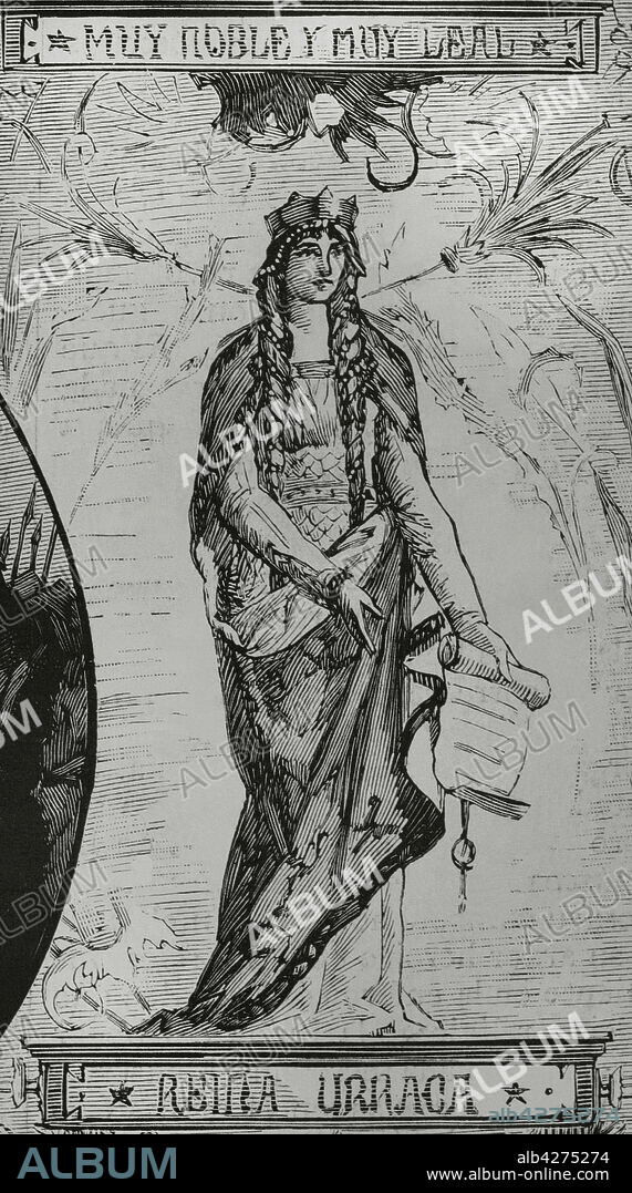 Urraca of Zamora (1033-1101). Infanta of Leon, inherited the city of Zamora after the repartition ordered by his father, Ferdinand I of Leon, before his death. Drawing by Ramón Padró. Decorative paintings in the assembly hall of the Provincial Palace of Zamora. Engraving. La Ilustración Española y Americana, 1882.