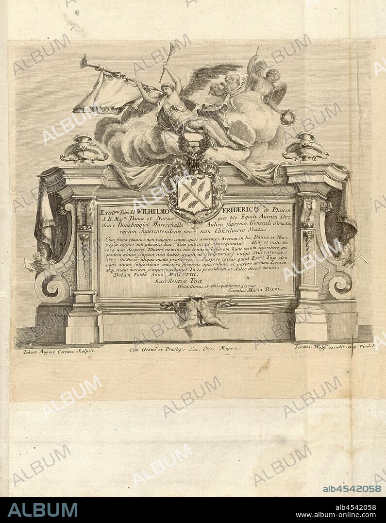 Excell. lord himself. 500 William Frederick Flatten out ..., Dedication to Wilhelm Friedrich von Platten, signed: Johann August Corvinus sculpsit; Jeremias Wolff excudit, Fig. 1, Wolf, Jeremias (exc.); Corvinus, Johann August (sc.), 1708, Carlo M. Pozzi: Artis sculptoriae, vulgo stuccatoriae paradigmata. Augsburg: Wolff, 1708.