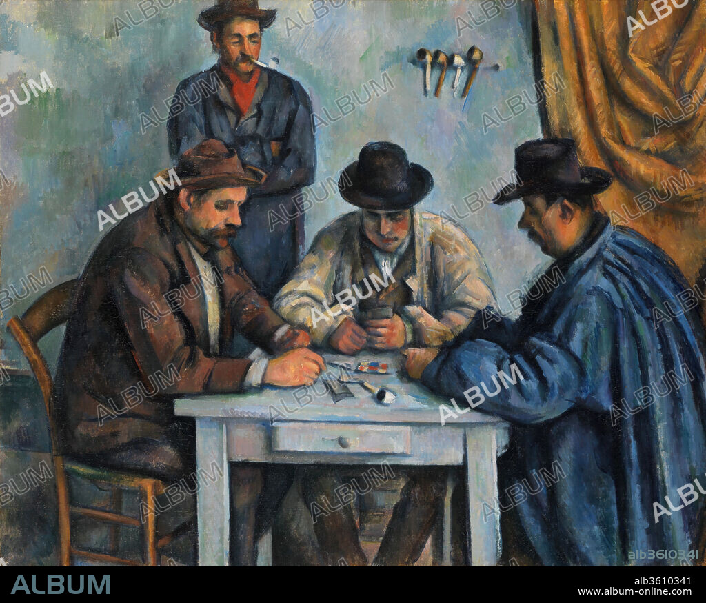 PAUL CEZANNE. The Card Players. Artist: Paul Cézanne (French, Aix-en-Provence 1839-1906 Aix-en-Provence). Dimensions: 25 3/4 x 32 1/4 in. (65.4 x 81.9 cm). Date: 1890-92.

This is probably the first in a series of five paintings that Cézanne devoted to peasants playing cards. Enlisting local farmhands to serve as models, he may have drawn inspiration for his genre scene from a seventeenth-century painting by the Le Nain brothers in the museum in his hometown of Aix. The Metropolitan's picture was followed by a version twice its size, which includes the additional figure of a standing child at right (Barnes Foundation, Philadelphia). In the last three compositions, Cézanne continuously pared away details, focusing on just a pair of card players.