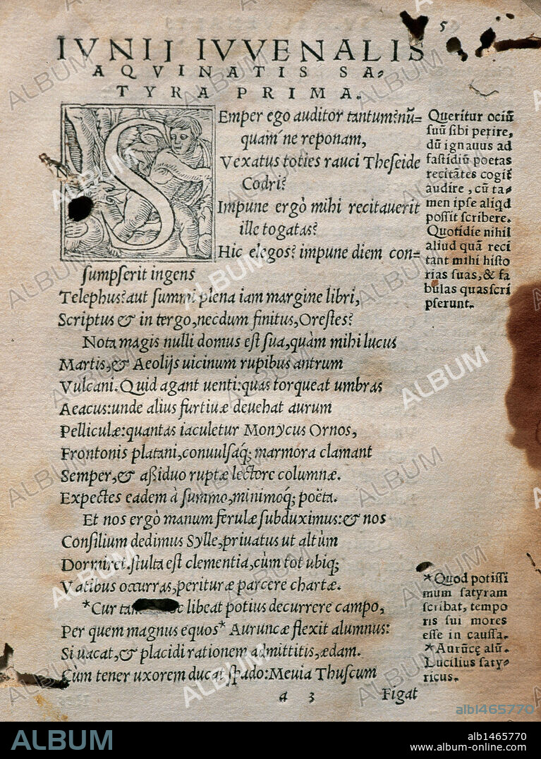 LITERATURA LATINA. SIGLO I. JUVENAL, Decimo (Aquino, 50-Roma, 128). Poeta satírico latino. "SATIRAS". Inicio de la PRIMERA SATIRA. Edición impresa en Leyden en 1532.