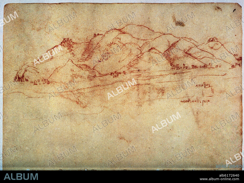 LEONARDO DA VINCI. PAISAJE CERCA DE PISA - AÑO 1502-3  TIZA ROJA EN PAPEL 21,5 x 15 CM. Cod. 8936. Folio 7.