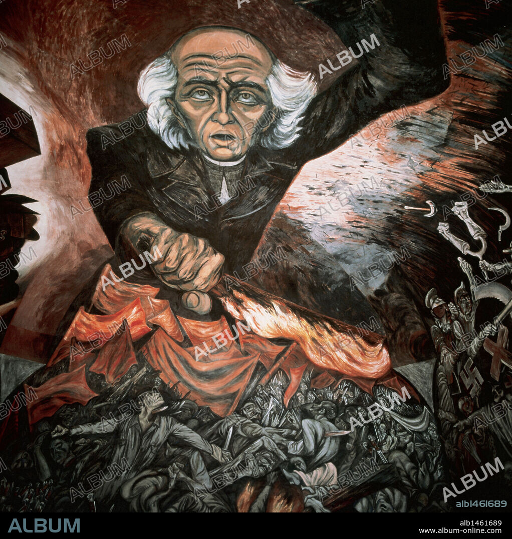 MIGUEL HIDALGO Y COSTILLA (1753-1811). Sacerdote y patriota mexicano. Proclamó la lucha contra los españoles, hecho conocido como el "GRITO DE DOLORES" (1810) que significó el inicio de la lucha por la independencia mexicana. Mural de José Clemente OROZCO (1883-1949) de 1937. Palacio del Gobierno de Guadalajara. México.
