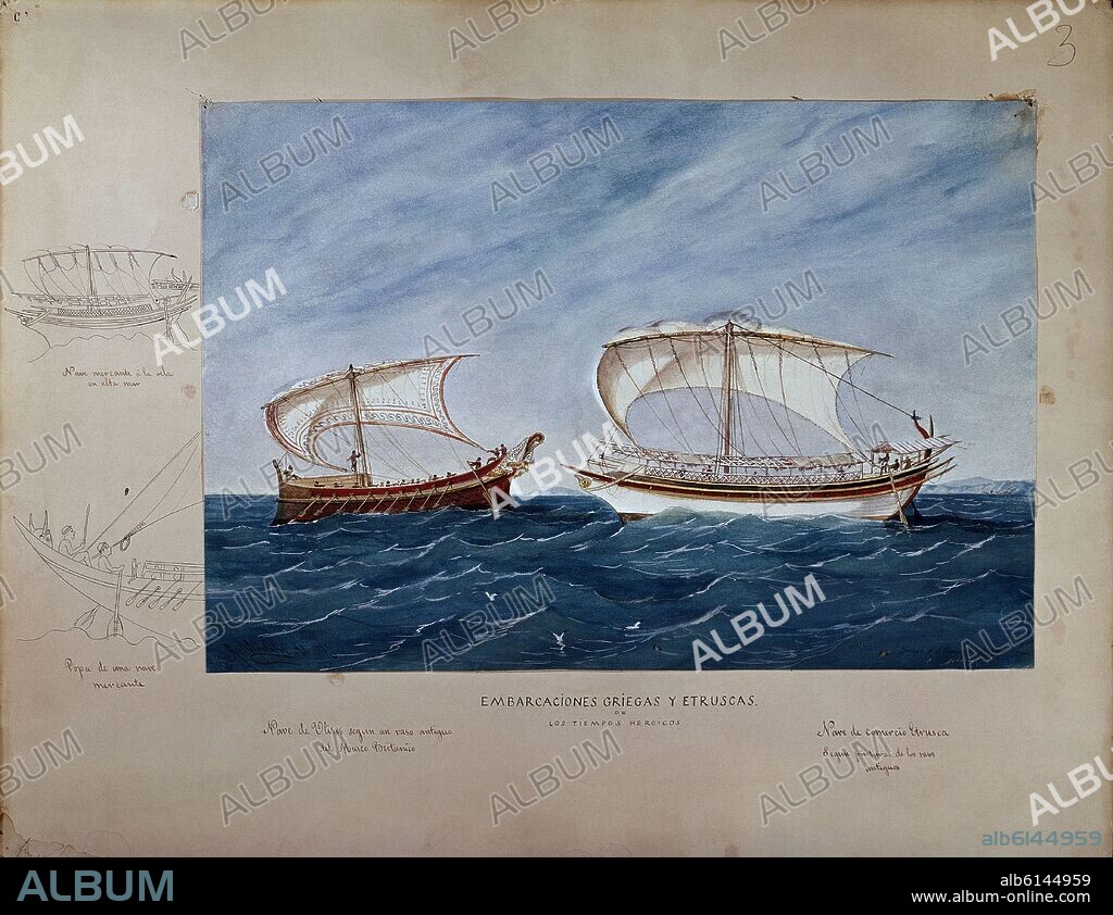 RAFAEL MONLEON. BARCOS DE COMBATE GRIEGOS Y ETRUSCOS - NAVE DE ULISES Y NAVE DE COMERCIO ETRUSCA- ACUARELA - SIGLO XIX.