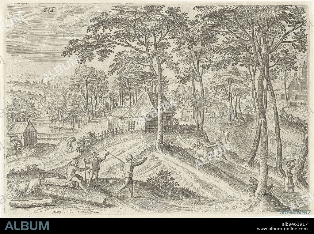 View of the village of Stal, near Brussels. The print is part of a series with views of the surroundings of Brussels, View of Stable Views of the surroundings of Brussels (series title), print maker: Hans Collaert (I), Hans Bol, Jacob Grimmer, (attributed to), Antwerp, 1530 - 1580, paper, engraving, h 138 mm × w 199 mm.