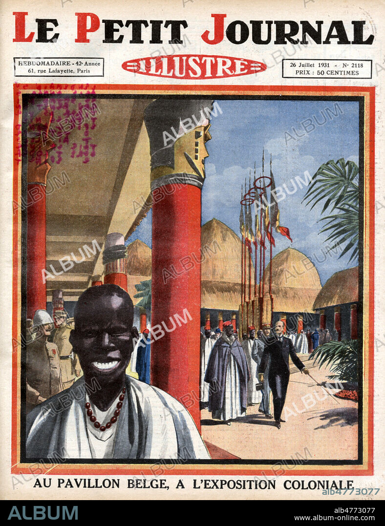 'Au pavillon belge, a l'Exposition coloniale'. Une du Petit Journal du 26 juillet 1931. Illustration anonyme. Credit : Collection KHARBINE-TAPABOR.