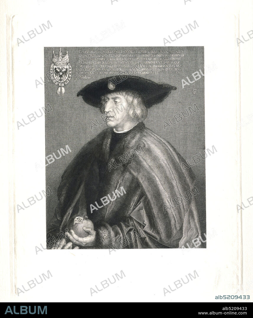Maximilian I, Victor Jasper, Austrian, 1848 - 1931, Albrecht Dürer, German, 14711528, Etching in dark brown ink on white satin, Durer's 1519 portrait of the Emperor Maximilian I (1459-1519) in Vienna. The sitter seen frontally, turned one quarter to the left. He wears a broad-brimmed hat and holds a pomegranate in his right hand., Germany, ca. 1880, Print, Print.