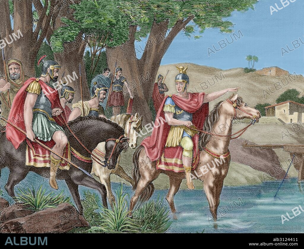 Caesar's Civil War (49-45 B.C.). Battle of Ilerda (49 B.C.). Gaius Julius Caesar (ca. 100-44 B.C.), politician, general and Roman writer, during his campaign against Pompey in Hispanic lands across the river Segre. Engraving of "History of Spain". XIX century. Colored.
