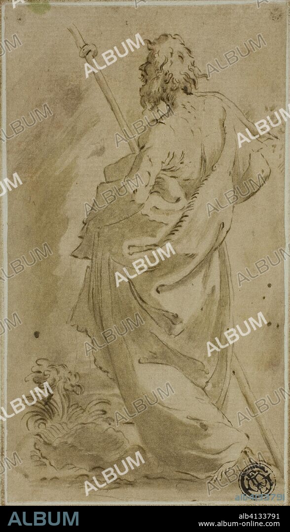 Saint James Major. Francesco Mazzola, called Parmigianino, after; Italian, 1503-1540. Date: 1523-1541. Dimensions: 137 x 78 mm. Pen and brown ink with brush and brown wash, over traces of graphite, on buff laid paper, laid down on ivory laid card. Origin: Italy.