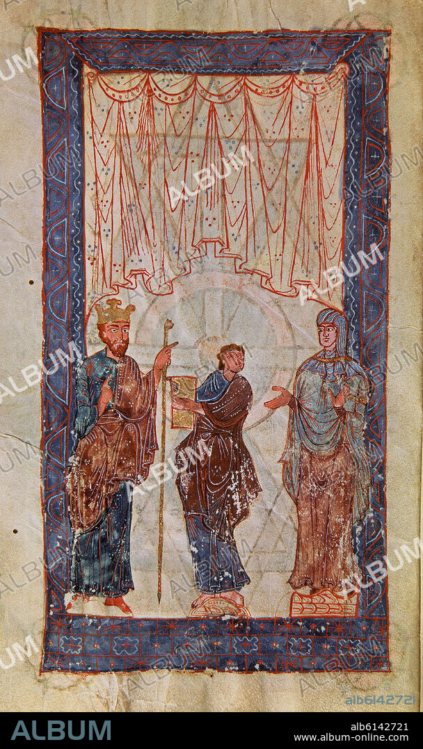 FRUCTUOSO. FERNANDO I Y DOÑA SANCHA RECIBIENDO DEL COPISTA PEDRO EL LIBRO DE HORAS ENCARGADO POR EL MONARCA-1055-MS R1-F 3 - MINIATURA DEL SIGLO XI.