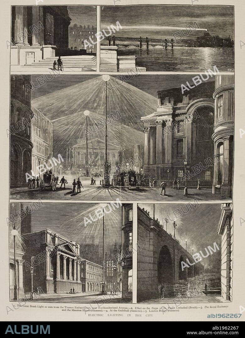 'Electric lighting in the city'. Various views of 19th century London at night, lit by the new electric lighting. The Graphic. London, 9 April 1881. Source: The Graphic 09/04/1881, p. 348.