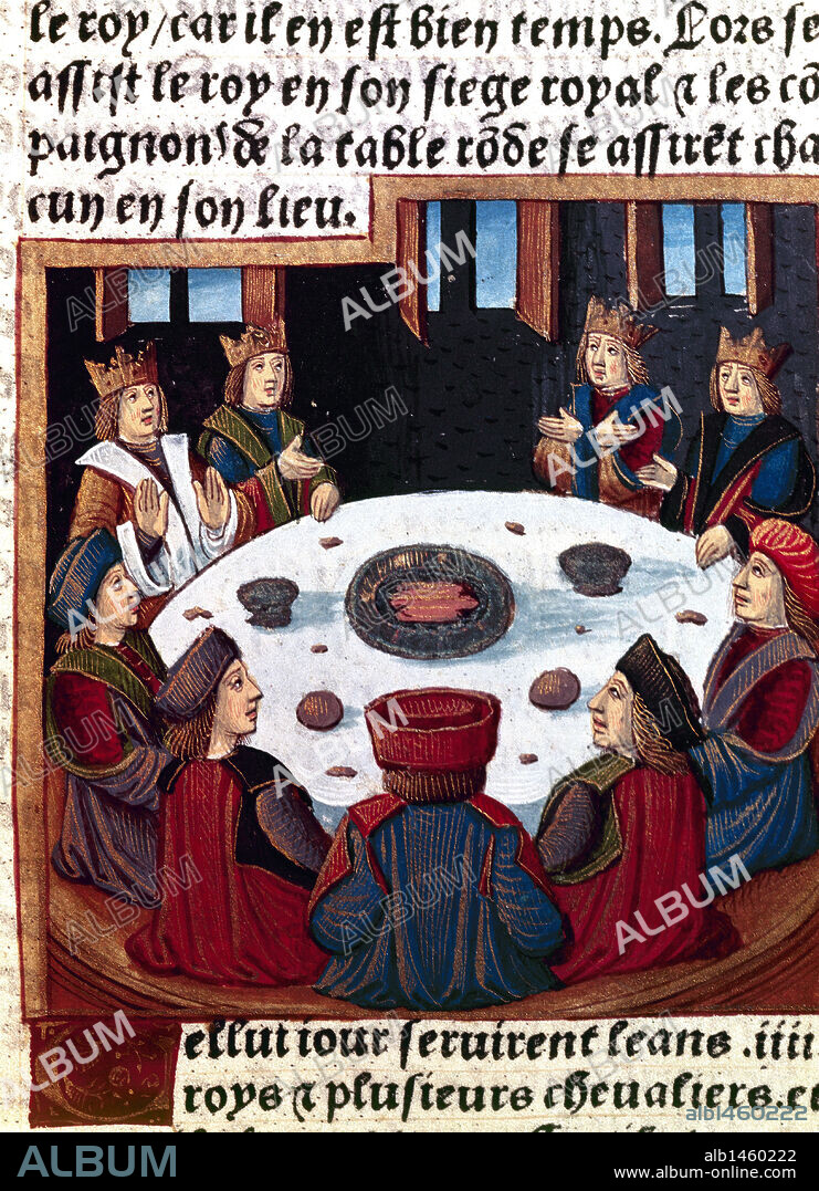 ANTOINE VÉRARD. King Arthur and the Knights at the Round Table. Miniature of the incunable of Lancelot du Lac, by A. Verard. 1490. National Library. Paris. France.