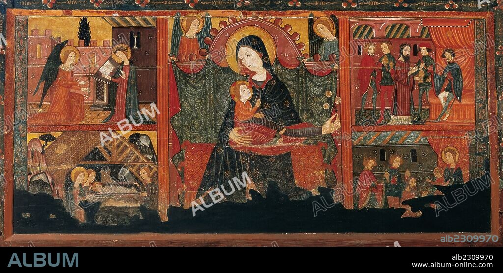 ARTE GOTICO. ESPAÑA. FRONTAL DE LA VIRGEN MARIA "MARE DE DEU". Pintura al temple sobre madera (102 cm x 220 cm). Anónimo procedente de Bellver de la Cerdanya (?). Zona pirenáica. Finales siglo XIV. El maestro pintor nos narra LA ANUNCIACION, LA NATIVIDAD, LOS REYES MAGOS FRENTE A HERODES Y LA EPIFANIA. LA VIRGEN CON EL NIÑO JESUS EN BRAZOS EN LA ZONA CENTRAL. Museu Episcopal de Vic. Provincia de Barcelona. Comarca de Osona. Cataluña.