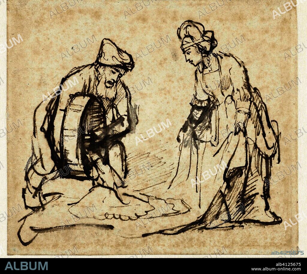 Boaz and Ruth. Draughtsman: Rembrandt van Rijn. Dating: c. 1645. Place: Amsterdam. Measurements: h 126 mm × w 143 mm.