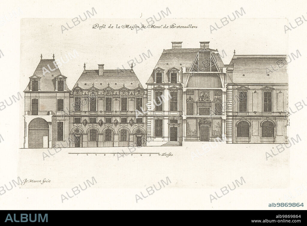 Profile of the house of Alexandre le Ragois de Bretonvilliers, 1621-1676. A wealthy Catholic priest, he built the Hotel de Bretonvilliers on the tip of Ile Notre-Dame (now Ile Saint-Louis). Profil de la Maison de Monsr. de Bretonvillers. Copperplate engraving drawn and engraved by Jean Marot from his Recueil des Plans, Profils et Elevations de Plusieurs Palais, Chasteaux, Eglises, Sepultures, Grotes et Hotels,Collection of Plans, Profiles and Elevations of Palaces, Castles, Churches, Tombs, Grottos and Hotels, chez Mariette, Paris, 1655.
