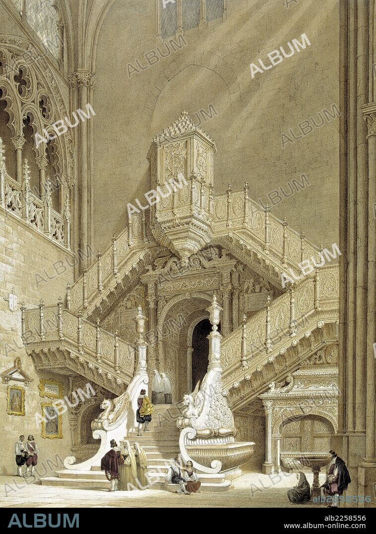 JENARO PEREZ VILLAAMIL. BURGOS. CATEDRAL. INTERIOR DE LA ESCALERA DE LA PUERTA ALTA. ESCALERA DORADA. GRABADO DE GENARO PEREZ DE VILLAAMIL , AÑO 1842. BURGOS PINTADO.