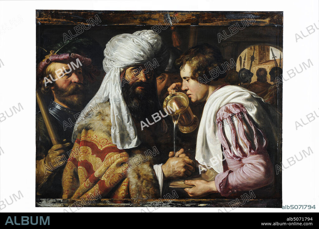 Pilate washing his hands, painting, Jan Lievens (Attributed to), c. 1626, panel, oil paint, painted, Carrier: 83.8 x 106 x 0.4cm (838 x 1060 x 4mm), With frame: 97 × 125 , 5 × 9cm (970 × 1255 × 90mm), soldier, biblical scene, man, Painting with a biblical scene: depicted is Pilate washing his hands in innocence. To the left of center is Pilate, looking at the viewer, with a white turban on his head and dressed in a brocade cloak trimmed with fur. He is washing his hands in the water that the man on his right offers in a bowl. This man has a white cloth over his right shoulder and pours the water from a jug with his right hand. Two other men are watching on the left and center. To the right is a view outside, where men with halberds and morning stars stand to keep out intruders. Not signed. The painting is in a black-painted wooden frame and is behind glass, 1977.