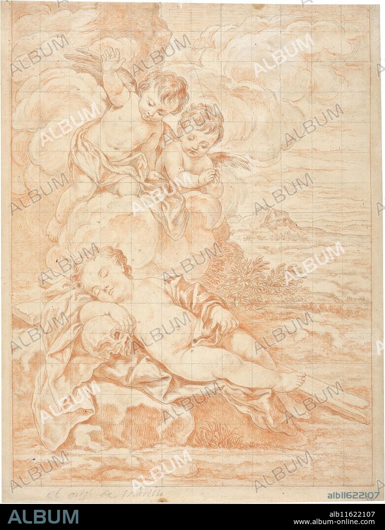 Manuel Salvador Carmona / 'El Niño Jesús dormido sobre la Cruz'. 1806. Sanguina, Lápiz negro sobre papel amarillento, 400 x 300 mm.