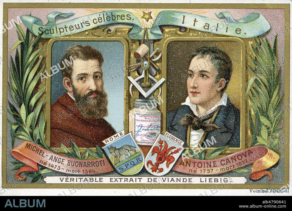 'Italie : MICHEL-ANGE (1475-1564) et CANOVA (1757-1822)'. Chromo publicitaire Liebig de 1897, serie intitulee 'Sculpteurs celebres'. Credit : Collection IM/KHARBINE-TAPABOR.