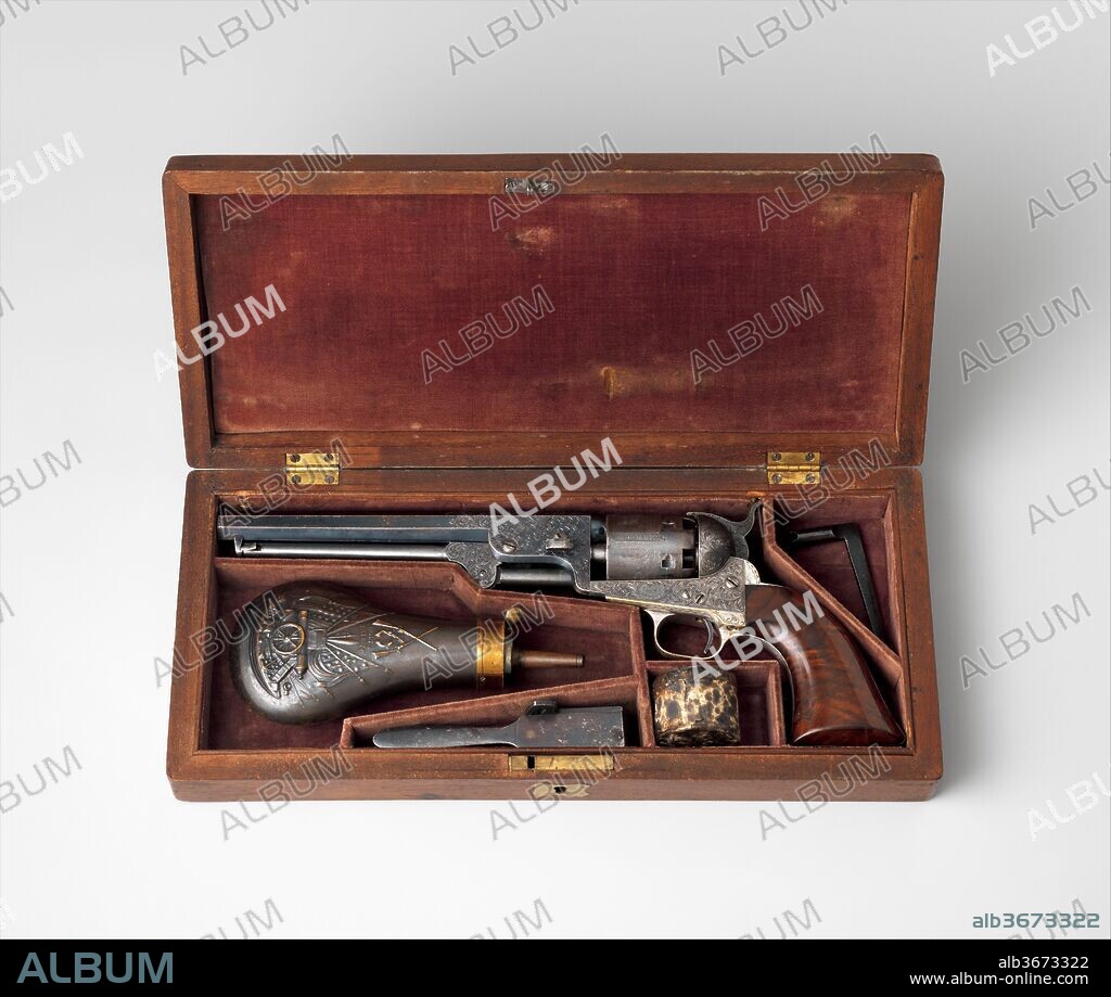 Colt Model 1851 Navy Percussion Revolver, Serial Number 29705, with Case and Accessories. Culture: American, Hartford, Connecticut. Dimensions: L. of pistol 13 in. (33 cm); L. of barrel 7 1/2 in. (19 cm); Cal. .36 in. (9 mm); case: 14 1/4 x 6 3/8 x 2 1/4 in. (36.2 x 16.2 x 5.6 cm). Engraver: Engraved by Gustave Young (American (born Prussia), 1827-1895 Springfield, Massachusetts). Manufacturer: Samuel Colt (American, Hartford, Connecticut 1814-1862). Date: ca. 1853-54.
Gustave Young (1827-1895), a German-born craftsman, engraved firearms with intricate and elaborate ornament for Colt in Hartford, Connecticut, and Smith & Wesson in Springfield, Massachusetts. His posthumous fame among firearms collectors caused the decoration on many pieces to be misattributed to his hand. Therefore, as one of the few documented examples of Young's work, this pistol is of primary importance as a touchstone for understanding his style and technique.