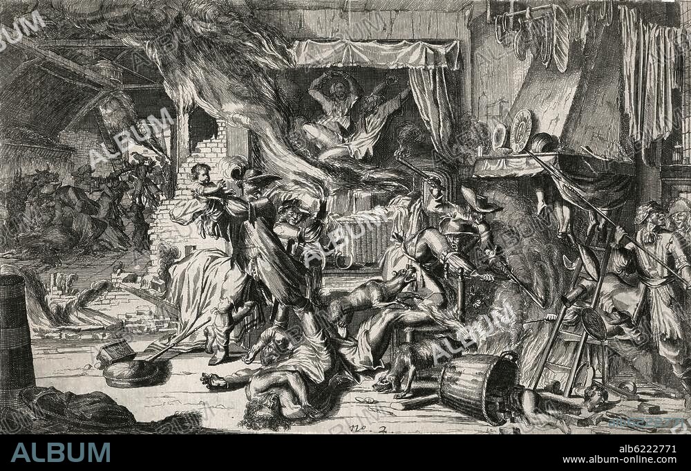 Holländischer Krieg 1672-79 (Krieg Ludwigs XIV. von Frankreich gegen die holl. Generalstaaten).-Greueltaten der Franzosen in den Niederlanden.-Radierung, um 1673, von Romain de Hooghe (um 1645-1708).