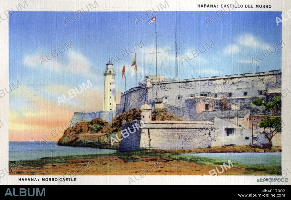 Morro Castle, Havana, Cuba, 1940. Postcard. Flags are flying and the lighthouse is visible. Morro Castle, (in Spanish Castillo de los Tres Reyes Magos del Morro) in Old Havana, was built by the Spanish in the 16th century.
