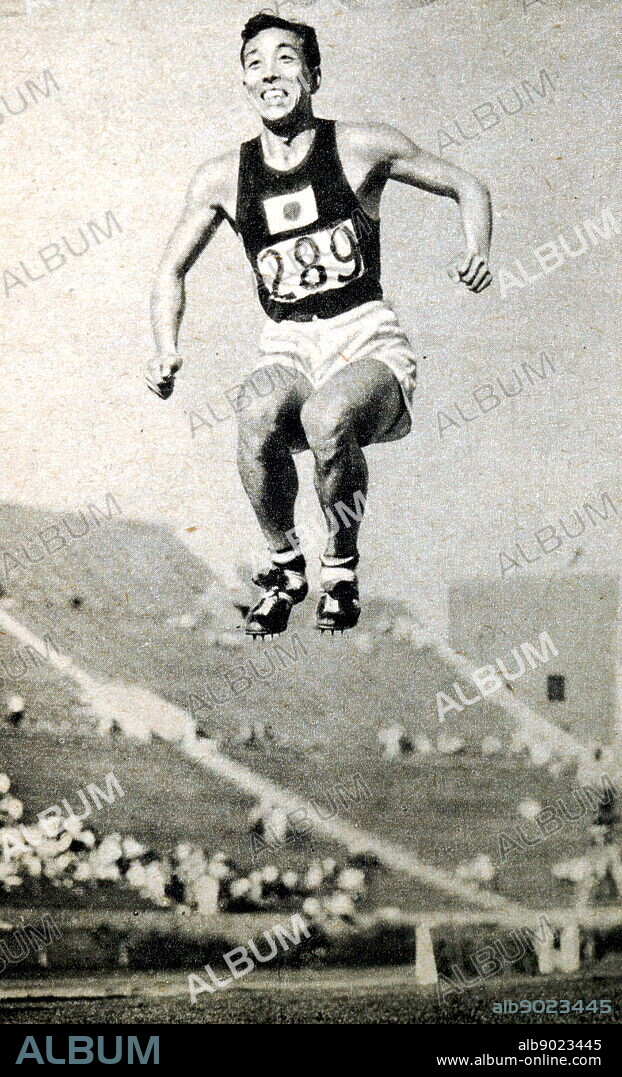 Photograph of Chuhei Nambu from Japan competing in the Long Jump during the 1932 Olympic games. He finished third in the Long jump that year, however he made a new world record in the Triple Jump, jumping 15.72 meters.