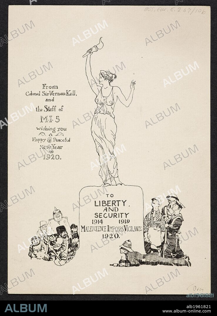 MI5 Greeting card. From Colonel Sir Vernon Kell, and staff of M.I.5 wishing you a happy & peaceful New year 1920. Source: Mss Euro E 267/10 B.