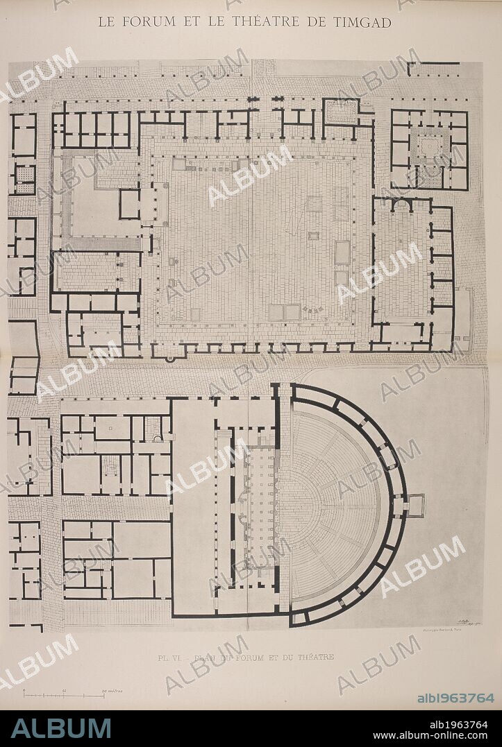 Floor plan of the Forum of Timgad, Algeria. Restoration and architecture of ancient Roman ruins. Archaeological site. . TheÌaÌ‚tre et Forum de Timgad, antique Thamugadi. EÌtat actuel et restauration. Paris. Albert Ballu. 1902. TheÌaÌ‚tre et Forum de Timgad, antique Thamugadi. EÌtat actuel et restauration. Source: 1701.b.9 plate VI. Language: French.
