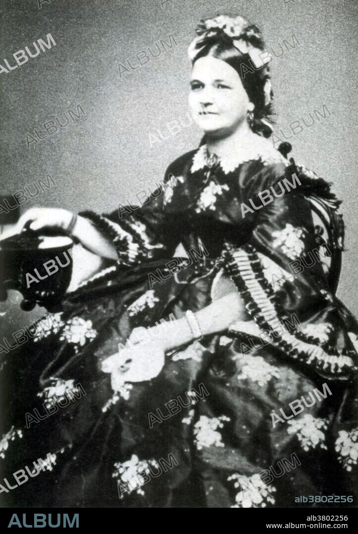 Mary Ann Todd Lincoln ( December 13, 1818 - July 16, 1882) was the wife of the 16th President of the United States, Abraham Lincoln, and was First Lady of the United States from 1861 to 1865. Mary was raised in comfort and refinement. She was regarded as witty and gregarious, with a grasp of politics. She was courted by Stephen A. Douglas, but chose to marry the self-taught, country lawyer Abraham Lincoln, who, ironically would defeat Douglas in their bid for presidential election. She suffered from severe headaches throughout her adult life as well as protracted depression. A history of public outbursts throughout Lincoln's presidency, as well as excessive spending, has led some historians and psychologists to speculate that Mary in fact suffered from bipolar disorder. She sat with her husband at Ford's Theatre, when he was shot in the head by an assassin. The United States Congress granted Mrs. Lincoln a life pension in the amount of $3,000 a year. The Lincoln's had four sons, but only Robert and Tad survived to adulthood, and only Robert outlived his mother. Her final years were marked by declining health and she died in 1882, age 63. Photographed by Mathew Brady.