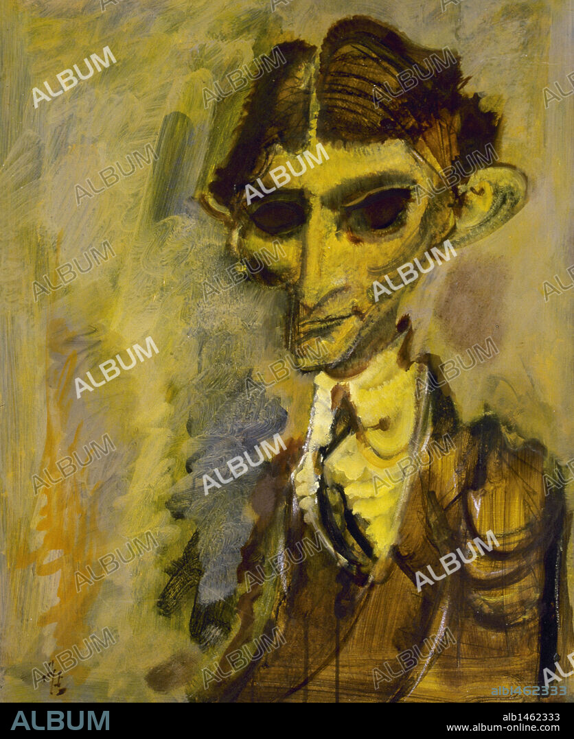 KAFKA, Franz (Praga, 1883-Viena, 1924). Escritor judeo-checo en lengua alemana. Escribió novelas, narraciones y cuentos. Entre sus obras destacan "La Metamorfosis" (1915), "El Proceso" (1925) y "El Castillo" (1926). Oleo de Alvaro DELGADO.
