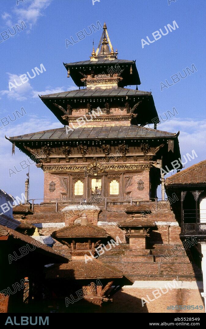 The towering Taleju Temple was constructed in its present form by Mahendra Malla in 1559 to house the Mallas’ family goddess Taleju Bhavani, a manifestation of the ferocious Kali or Durga. Unusually, there is no image or statue of her in the main shrine; instead she is represented by a yantra, a magical diagram. The temple reaches a height of 35 metres, making it the highest temple in the Kathmandu Valley. Such height was necessary in order to enable Taleju to 'communicate spiritually' with another Taleju temple in Bhaktapur, which was located at a slightly higher elevation. Aside from its unusual height, the temple was given a unique design, with a five-tiered base covered by a three-tiered, richly ornamented roof.
