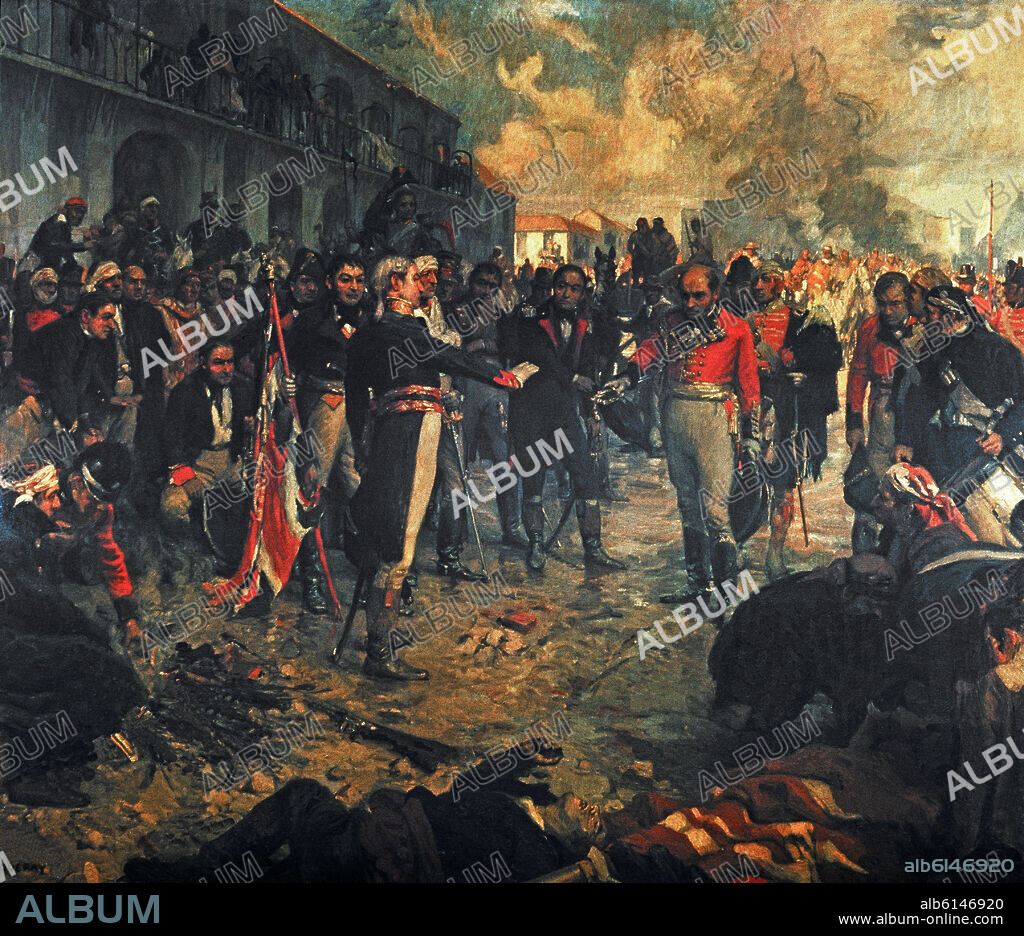 CHARLES FOUQUERAY. RENDICION DE LAS TROPAS INGLESAS EN 1806 - EL GENERAL BERESFORD SE RINDE AL GENERAL LINIERS FRENTE A LOS ARCOS DEL CABILDO EN 1806 - PINTADO EN 1909.