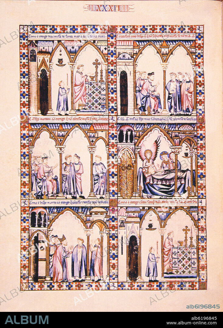ALFONSO X OF CASTILE THE WISE. MTI1 - CANTIGA DE SANTA MARIA Nº32 - F47V - LA VIRGEN AMENAZA AL OBISPO QUE EXCOMULGA AL CLERIGO - SIGLO XIII.