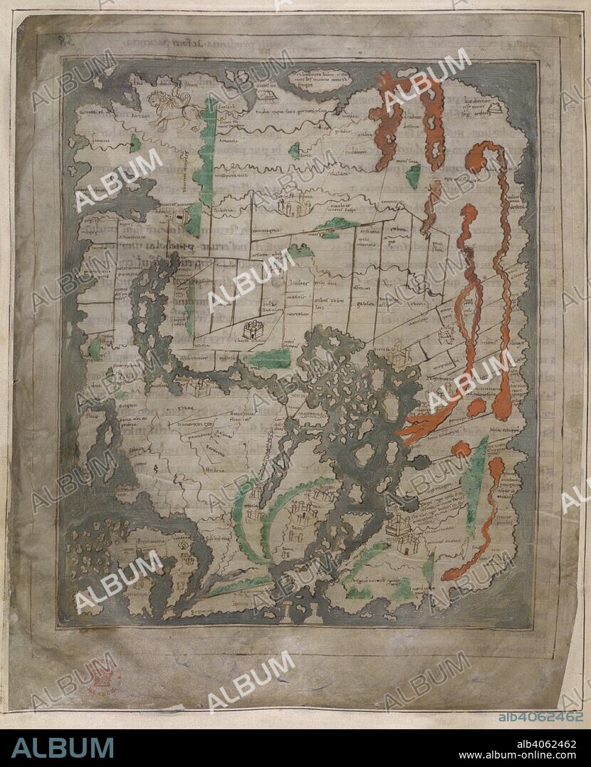 The Tiberius Map. Mappa Mundi; only surviving world map from Anglo-Saxon England. It is divided into the three continents of Europe, Asia and Africa, with the Mediterranean Sea in the centre.The outline and detail of the British Isles are relatively accurate, with London and Winchester represented as town buildings, and the river Thames and another river indicated. In Ireland, there is the first representation of Armagh, and the Isle of Man, and the Orkney Islands can be identified. England [Winchester?]; second quarter of 11th cent. Source: Cotton Tiberius B. V, Part 1, f.56v. Language: Latin.