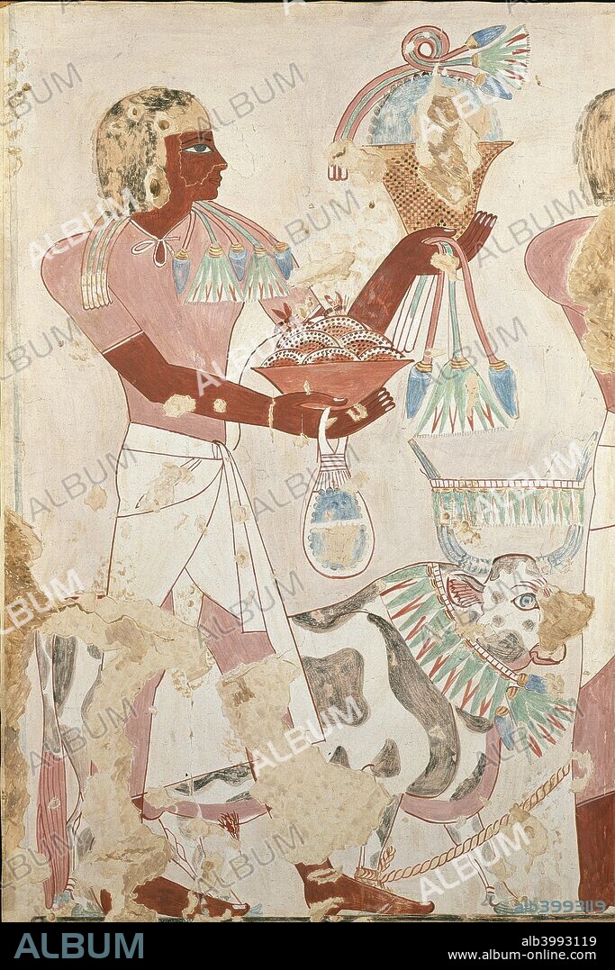 Copy of wall painting from private tomb 101 of Thenro, Thebes (I, 1, 214-215) servant with offerings, 20th century. Framed.