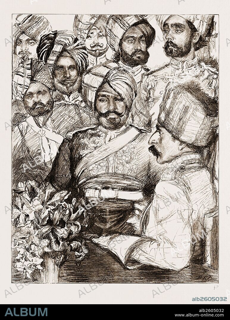 DIAMOND JUBILEE VISITORS, UK, 1897: OFFICERS OF THE IMPERIAL SERVICE TROOPS: RAI BAHADUR DHUNPAT RAI (Superintendent Officer of Jeypore Transport Train), COMMANDANT KISHAN SINGH (Nabha Lancers), COMMANDANT NAND SINGH (Patiala Lancers), RAO BAHADUR THAKUR DIP SINGHJI (Bikanir Camel Corps).