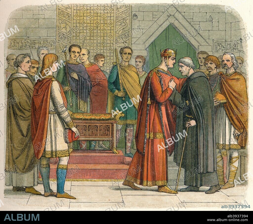 'The King pays court to the English leaders', 1864. King William I,  (c1028-1087), usually known as William the Conqueror was the first Norman King of England, reigning from 1066 until his death in 1087.  From A Chronicle of England B.C. 55 - A.D. 1485 by James E. Doyle. [Longman, Green, Longman, Roberts & Green, London, 1864].