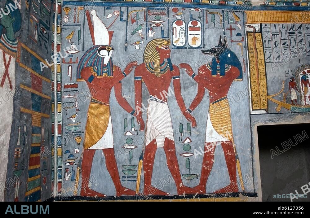 Ramses I; Egypt.Pharaoh; reigned 1292-1290 BC.-Ramses I between Anubis and Harsiesis (= Horus) (left).-Wall paint., New Kingdom, 19th dynasty, c.1290 BC. Thebes-West, Valley of the Kings, Tomb of Ramses I (KV 16).