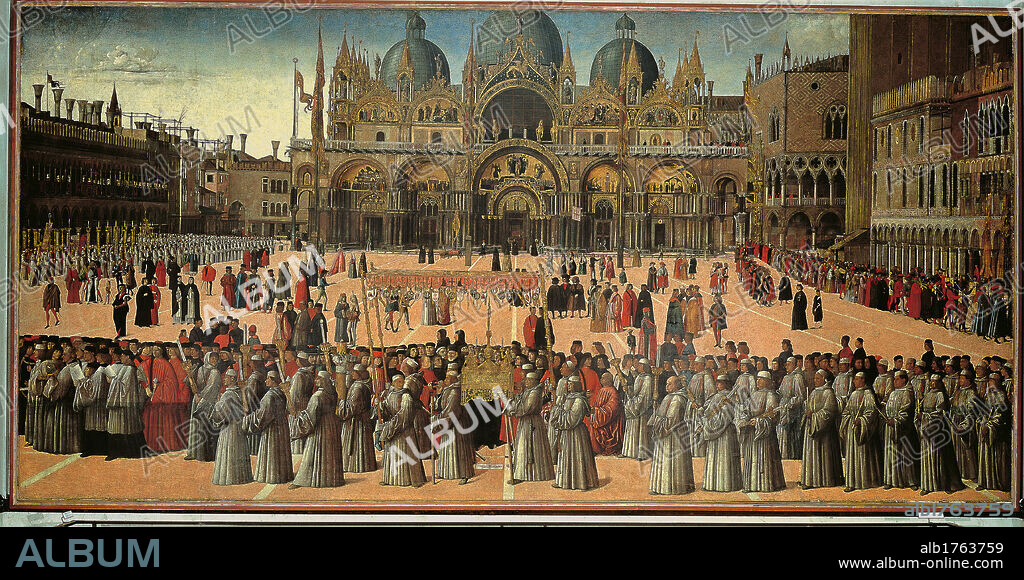 Procession in St Marks Square, by Gentile Bellini, 1496-1500, 15th Century, tempera and oil on canvas, cm 373 x 745. Italy, Veneto, Venice, Accademia Art Galleries. All. Accurate description St Marks Square crowds procession prelates background St Marks Basilica. Authorization required for non editorial use.