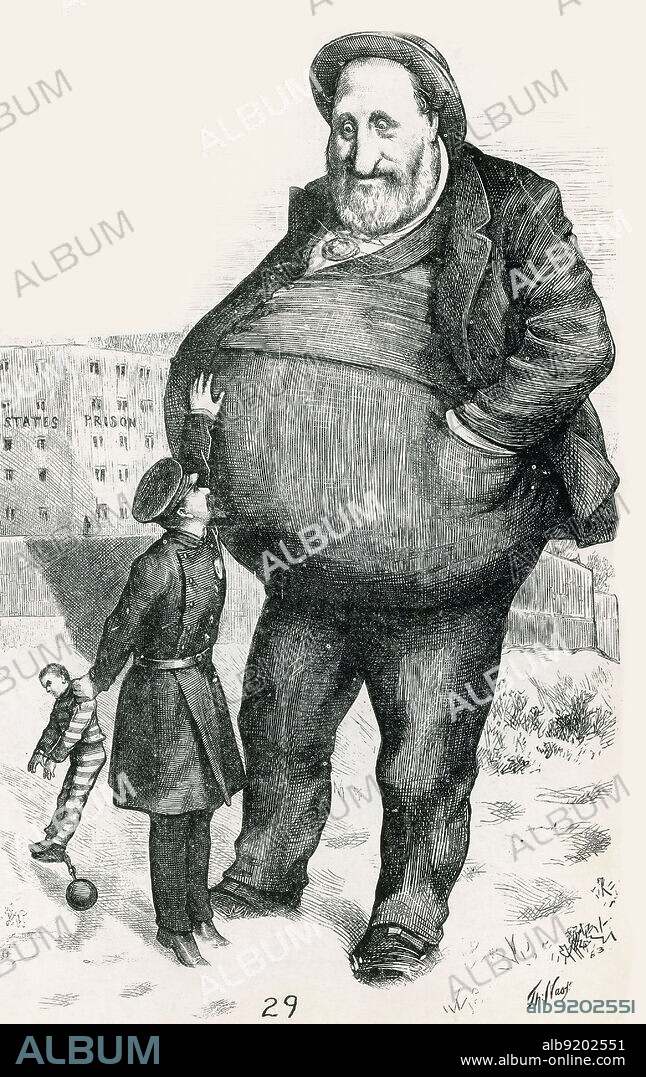 Satirical political cartoon of William Magear Tweed. "Can the law reach him? The dwarf and the giant thief." William Magear Tweed AKA "Boss" Tweed (April 3, 1823 - April 12, 1878) was an American politician and leader of Tammany Hall, the Democratic Party political machine that played a major role in the politics of 19th century New York City and State. Tweed was convicted for stealing an amount estimated between $45 million from NYC taxpayers from political corruption. Unable to make bail, he escaped from jail once but was returned to custody. He died in the Ludlow Street Jail.