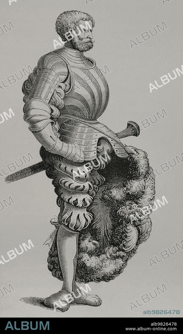Caballero germano. Grabado por Burgmayer. Versión del siglo XIX a partir de un compendio titulado "Vita Imperatoris Maximiliani". Dibujo de Alberto Durero, siglo XV. "Vie Militaire et Religieuse au Moyen Age et à l'Epoque de la Renaissance". París, 1877.