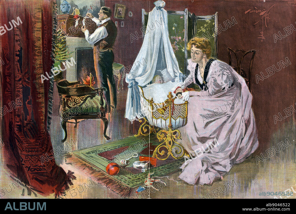 Lollipops, a study of Mina Turner and her cousin Elizabeth by Photographer Gertrude Käsebier, 1852-1934. Mina Turner and cousin Elizabeth, eating lollipops as they are seated at the foot of stairs while light beams on them from above, in the background a woman watches them in the shadows of a doorway. Dated 1910.